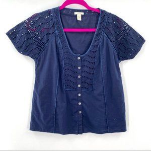 J. Crew Navy Blue Eyelet Button Up Short Sleeve Top